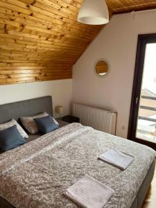 兹拉蒂博尔Kuća sa pogledom na Tornik的一间卧室配有一张带蓝色枕头的大床