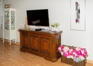莱昂Luengo House的客厅配有电视,橱柜上放着鲜花
