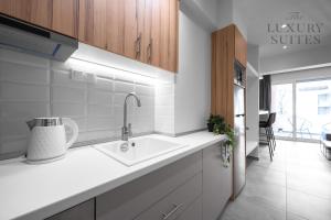 塞萨洛尼基Horizon Apartments, The Luxury Suites的厨房配有水槽和台面