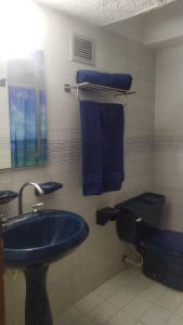 波拉马尔*Tulli Apartmentos Margarita Island*的浴室配有蓝色水槽和卫生间。