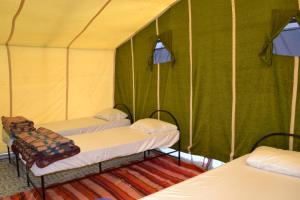 姆哈米德Mhamid Sahara Camp - Mhamid El Ghizlane的绿色帐篷内带三张床的房间