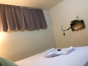 杜马格特CrisFil's Lodge Incorporated的客房设有一张配有电视的床,并提供毛巾。