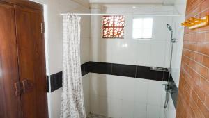珀尼达岛La Nusa Penida Homestay的带淋浴和浴帘的浴室