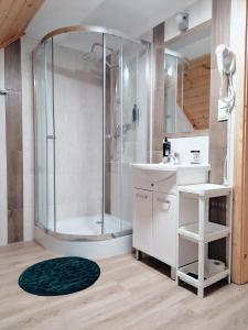 波兰尼卡-兹德鲁伊Pokoje i Domki Na Szlaku的带淋浴和白色盥洗盆的浴室
