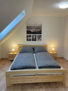 多克西Penzion Star Doksy的一间卧室配有一张带2个床头柜的大床