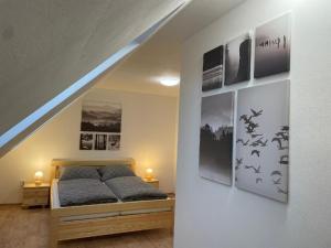 多克西Penzion Star Doksy的卧室配有一张床,墙上挂有图片