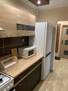 特尔纳瓦Apartment TT11的厨房配有白色冰箱和微波炉