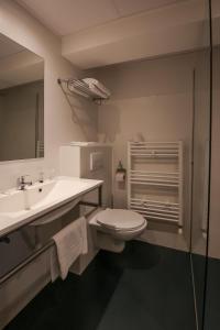 尼乌波特Hotel Sandeshoved Zeedijk的一间带卫生间、水槽和镜子的浴室
