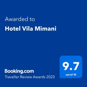 培拉特Hotel Vila Mimani的蓝色屏幕,文字被授予酒店最少的维塔迷你