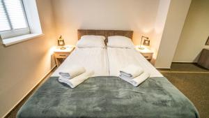 奥尔什丁帕拉斯别墅酒店的一间卧室配有一张大床和毛巾