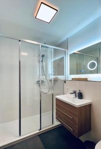 蒂蒂湖-新城Ferienwohnung Niki的带淋浴和盥洗盆的浴室