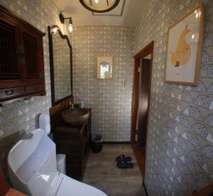 日光Gableview Forest Inn ゲーブルビュー的一间带水槽、卫生间和镜子的浴室
