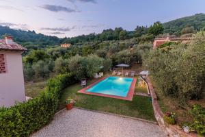 卢卡Villa Dondolino, a Stylish Farmhouse的花园中游泳池的空中景致