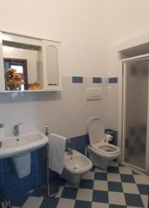 蒙塔尔奇诺Agriturismo Biofattoria l'Upupa的蓝色和白色的浴室设有卫生间和水槽
