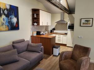 芬洛Heerlijk Appartement 'la bienvenue' in Venlo, Limburg的带沙发和椅子的客厅以及厨房。