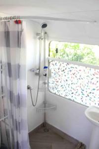 Veintisiete de AbrilCasa Bus los Guanacastes的带淋浴和盥洗盆的浴室
