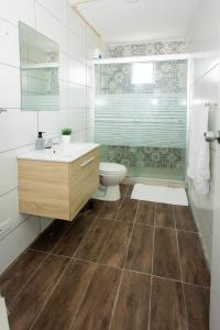 威廉斯塔德Westpunt Beach Apartments的一间带卫生间、水槽和镜子的浴室