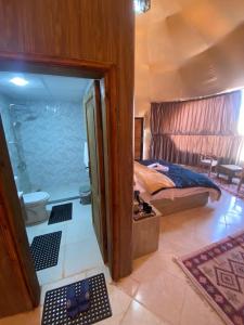 瓦迪拉姆Salma Desert Camp的一间卧室配有一张床,浴室设有淋浴。