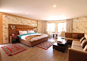 瓦迪穆萨Seven Wonders Luxury Camp的酒店客房,配有床和沙发