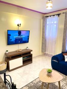 MeruCosy and spacious apartment in Meru的客厅配有电视和蓝色沙发。