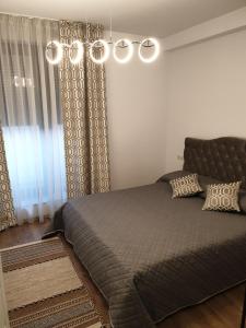 谢林伯尔Panorama penthouse的一间卧室配有一张大床和一个吊灯。