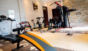 基加利Madras Hotel and Apartments的健身房,配有跑步机和有氧运动器材