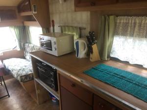 马盖特Fairhills Self Catering Caravan Units的大篷车内台面上带微波炉的厨房