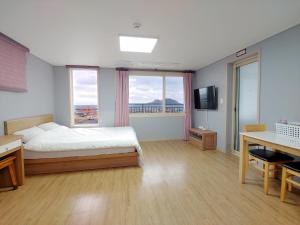 济州市Eutteum-won Pension的一间卧室配有一张床、一张书桌和一台电视