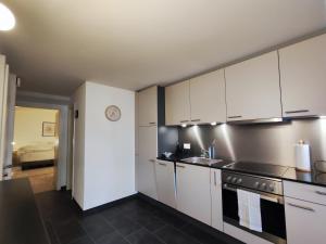 弗里堡Appartement tout confort rénové avec vue - Tilleul 5的厨房配有白色橱柜和水槽