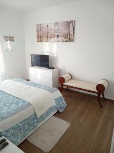 圣焦万尼泰亚蒂诺Dolce Casa的一间卧室配有一张床、一台电视和一张沙发