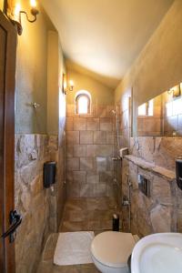 普罗夫迪夫Хотел Глемпинг Алианс的带淋浴、卫生间和盥洗盆的浴室