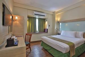 碧瑶碧瑶市温德姆麦克罗特酒店的酒店客房配有一张床、一张书桌和一台电视。