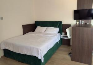尼什Hany Sweet的一间卧室配有一张带绿色床头板的床和一台电视