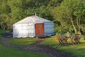 阿曼福德Gilfach Gower Farm Luxury Yurt with Hot Tub的圆顶帐篷,配有桌椅