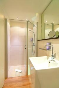 赛巴特班森Hotel am Fischerstrand的带淋浴、盥洗盆和镜子的浴室