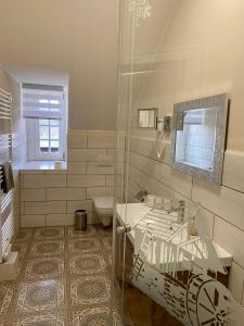 巴特尚道佛莱霍斯俄斯特霍夫酒店的一间带水槽、卫生间和镜子的浴室