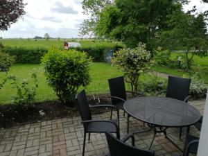 纽哈灵吉塞尔Kleine Scholle的庭院配有桌椅和田野。