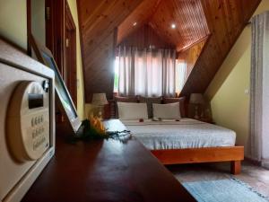 拉迪格岛Badamier Self-Catering的阁楼上的卧室配有一张大床