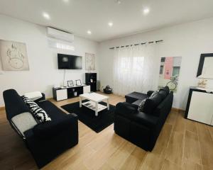 托里迪蒙科尔武Casa da Tapada的客厅配有两张黑色沙发和一台电视机