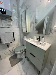 万塞讷Appartement Vincennes proche métro 15 minutes Marais的一间带卫生间、水槽和镜子的浴室