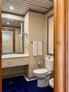 埃斯特雷莫斯Estremoz Hotel的一间带卫生间、水槽和镜子的浴室