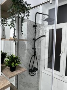 布加勒斯特FOUR Bedroom Apartment, Old Town Bucharest的浴室内配有带黑色淋浴喷头的淋浴