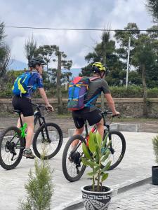 布罗莫卡优布罗莫民宿的两人骑着自行车,背包和植物