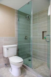 巴吞鲁日Crowne Plaza Executive Center Baton Rouge, an IHG Hotel的一间带卫生间和玻璃淋浴间的浴室