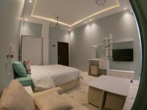 赫尔格达Dive Hostel Hurghada的一间卧室配有一张床、一台电视和一张沙发