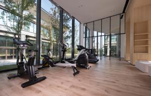 永修吴城远洲酒店的一个带跑步机和椭圆机的健身房,位于一栋带窗户的建筑内