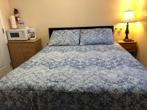 奇利瓦克Shady Willow Guest House -Coach house & Privet Small Compact Rooms with separate entrance的一间卧室配有一张带蓝色棉被和微波炉的床。