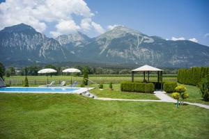 齐勒谷地施特拉斯Hotel Cafe-Zillertal的一个带游泳池的花园,享有山景