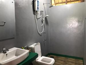锡吉里亚Chena Huts Eco Resort的一间带水槽、卫生间和淋浴的浴室