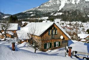 格伦德尔湖Ferienhaus Archkogl的雪中与山间的木屋